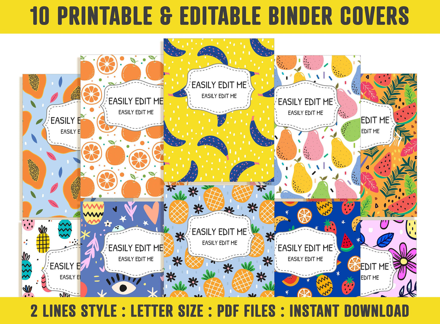 Summer Binder Cover, 10 Printable & Editable Covers+Spines, Binder Insert Planner Cover Template Teacher/School Binder Cover Tropical Fruits