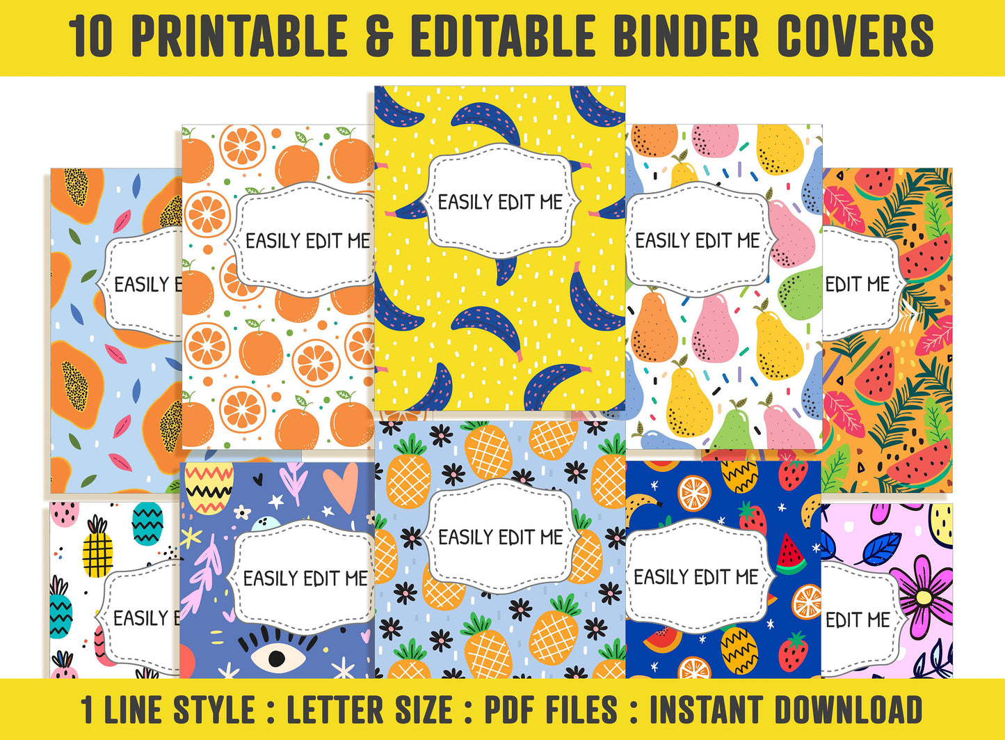 Summer Binder Cover, 10 Printable & Editable Covers+Spines, Binder Insert Planner Cover Template Teacher/School Binder Cover Tropical Fruits