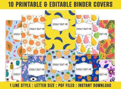 Summer Binder Cover, 10 Printable & Editable Covers+Spines, Binder Insert Planner Cover Template Teacher/School Binder Cover Tropical Fruits