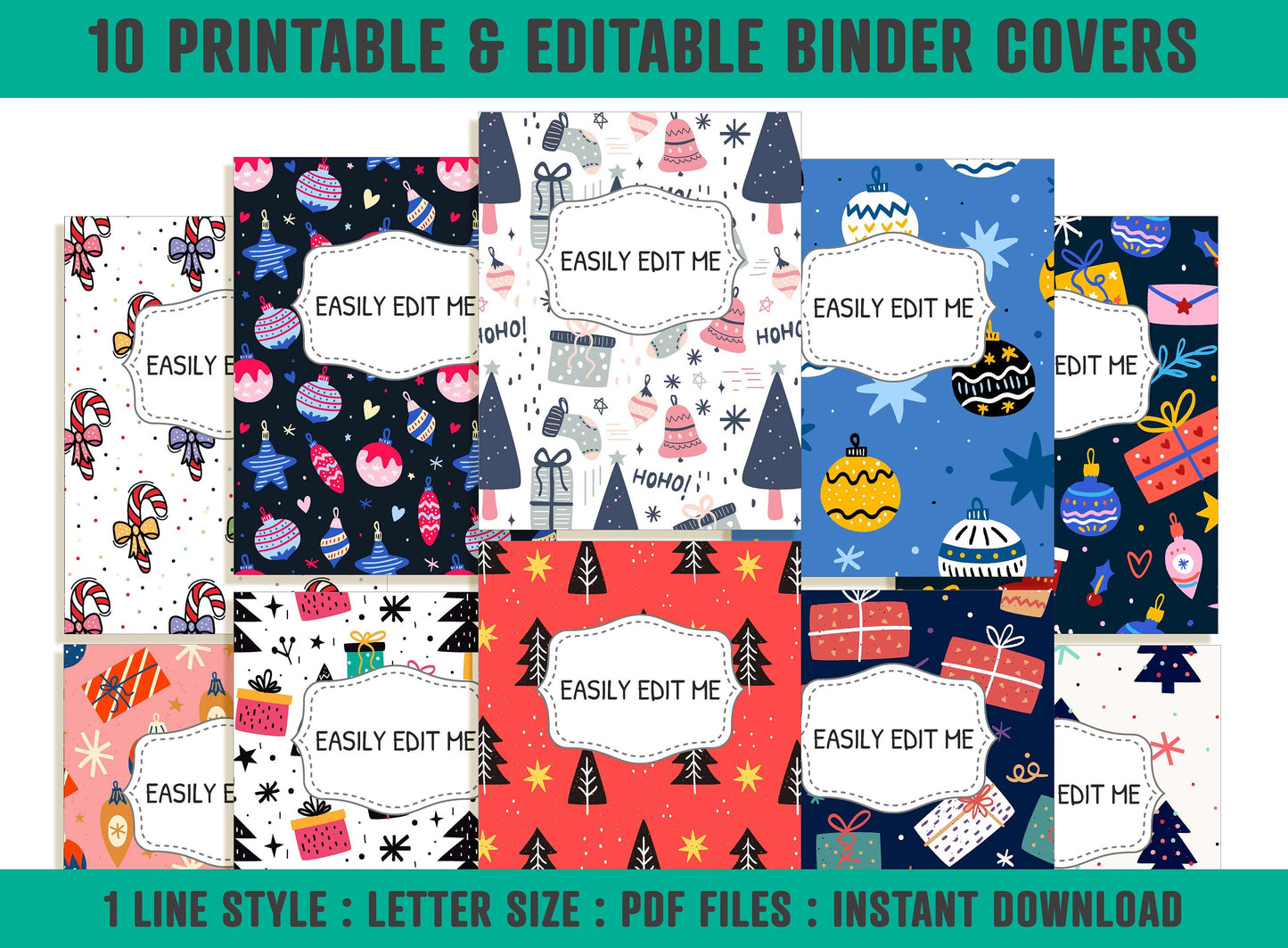 Christmas Binder Cover, 10 Printable & Editable Covers+Spines, Binder Insert, Planner Cover, Christmas Tree Wreath Winter Snow Gifts Lights