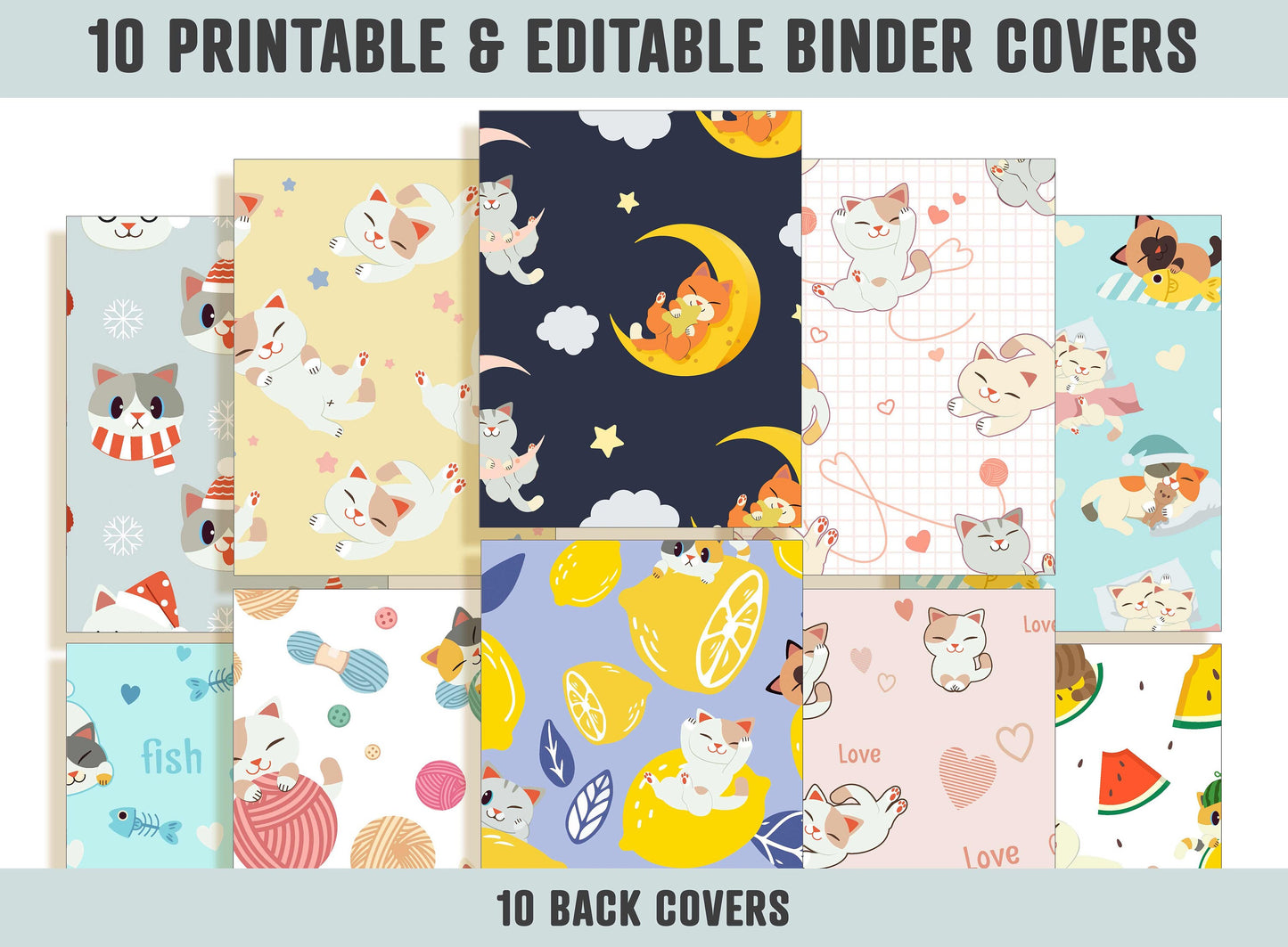 Cat Binder Cover, 10 Printable/Editable Covers+Spines, Teacher/School Binder Cover, Binder Template, Kitten Planner Cover, Binder Insert PDF