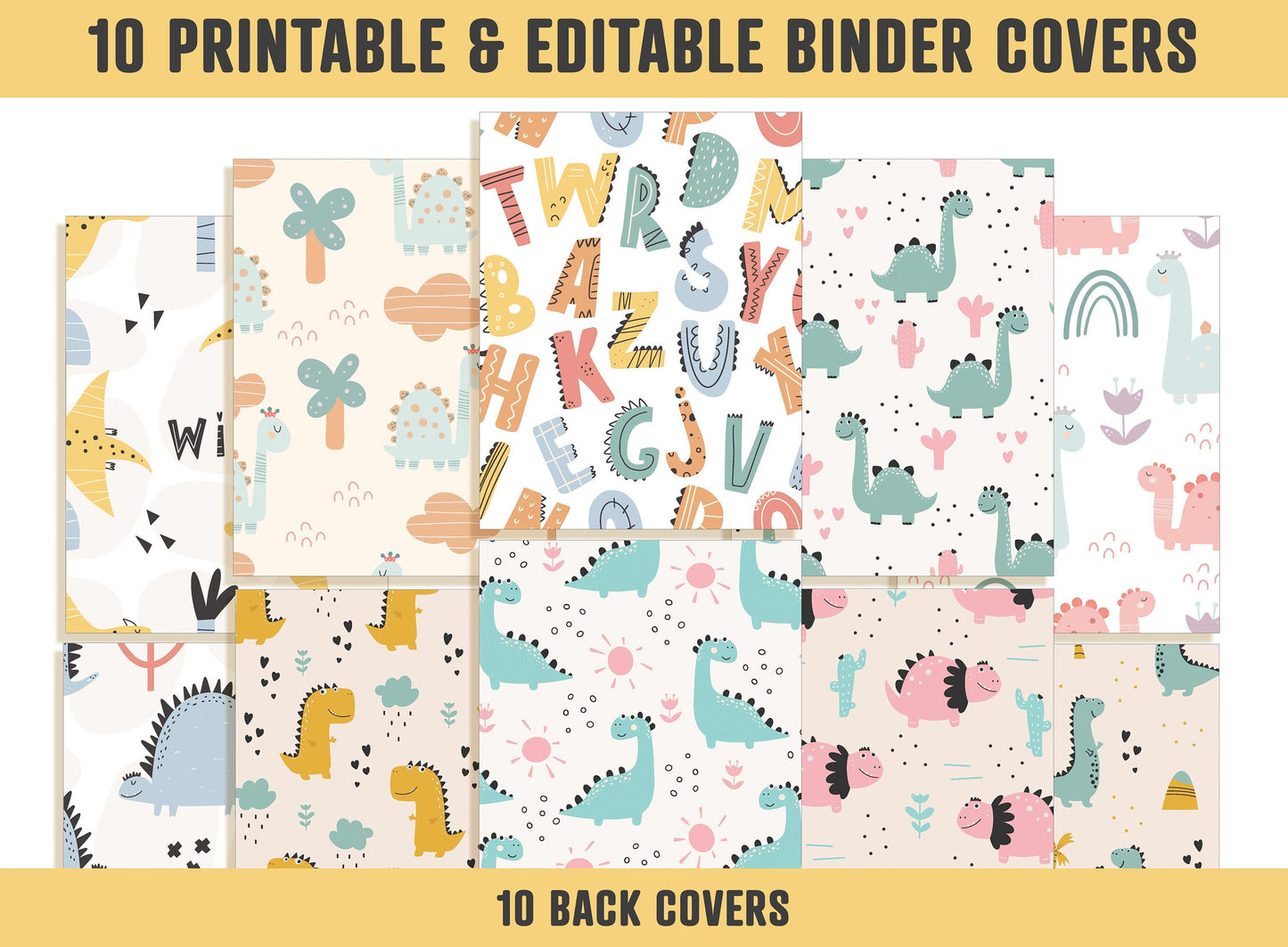 Dinosaur Binder Cover For Boys/Girls, 10 Printable & Editable Binder Covers+Spines, Teacher/School Binder, Planner Cover, Binder Insert, PDF