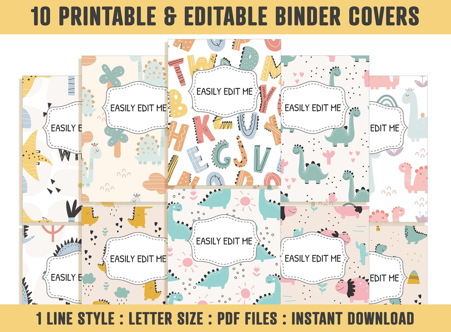 Dinosaur Binder Cover For Boys/Girls, 10 Printable & Editable Binder Covers+Spines, Teacher/School Binder, Planner Cover, Binder Insert, PDF