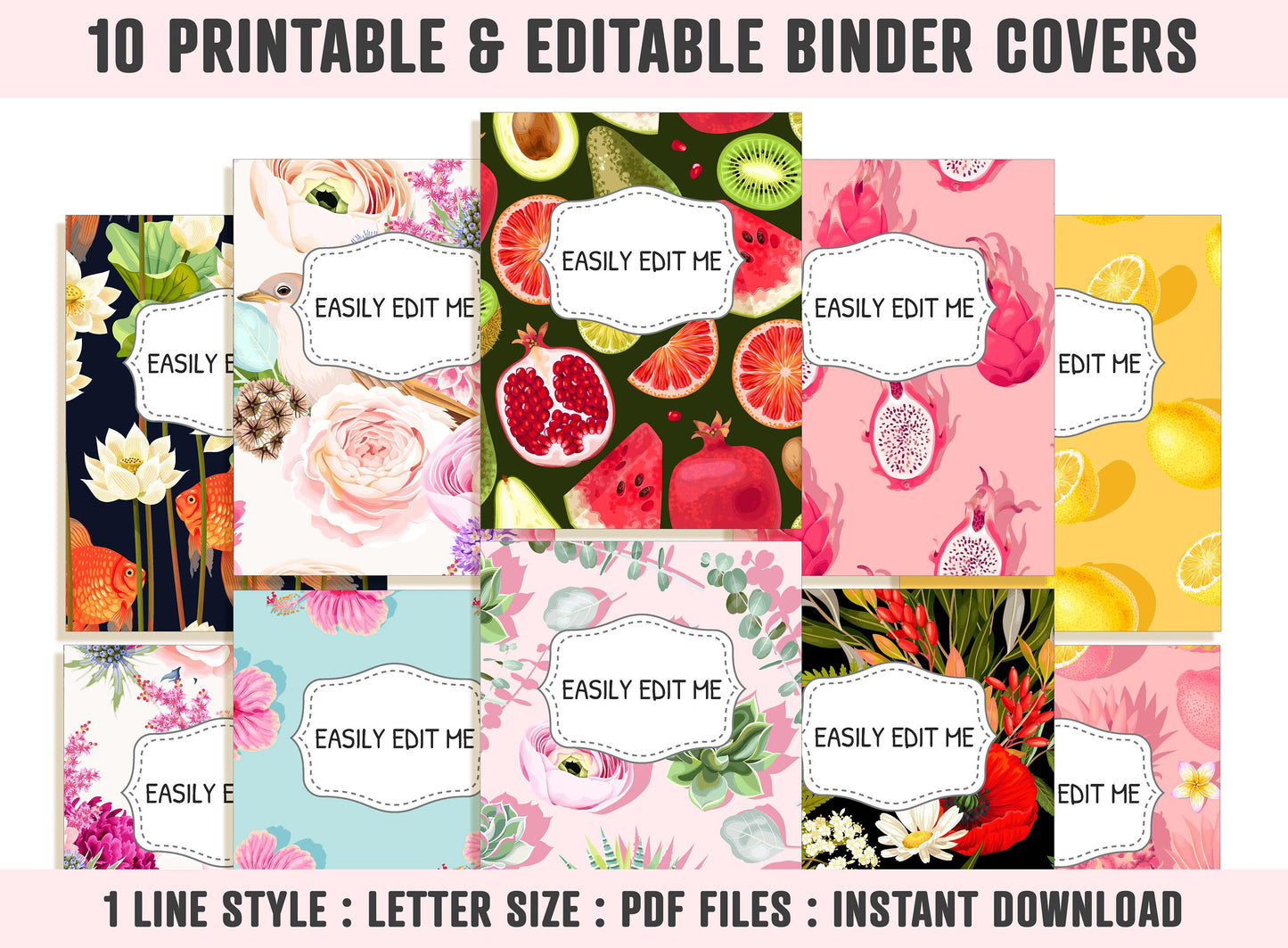 Fruit and Floral Binder Cover, 10 Printable & Editable Binder Covers+Spines, Teacher/School Binder, Planner Cover Template, Binder Inserts
