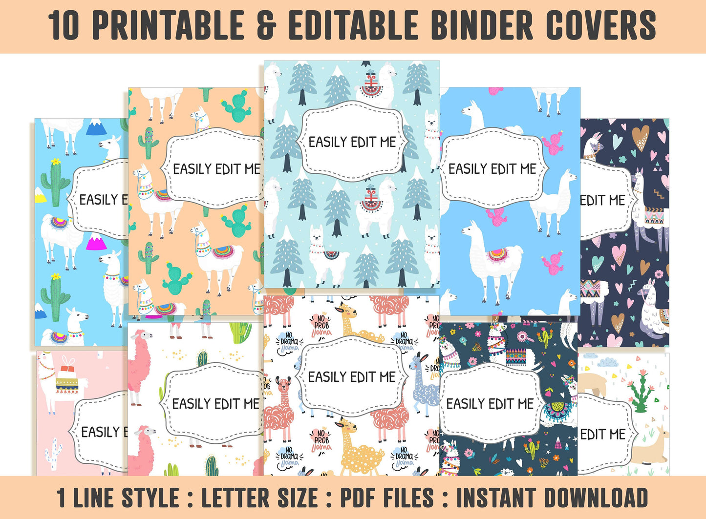 Llama Binder Cover, 10 Printable & Editable Covers+Spines, Binder Insert, Planner Cover, Teacher Binder, School Binder Cover, Template, PDF