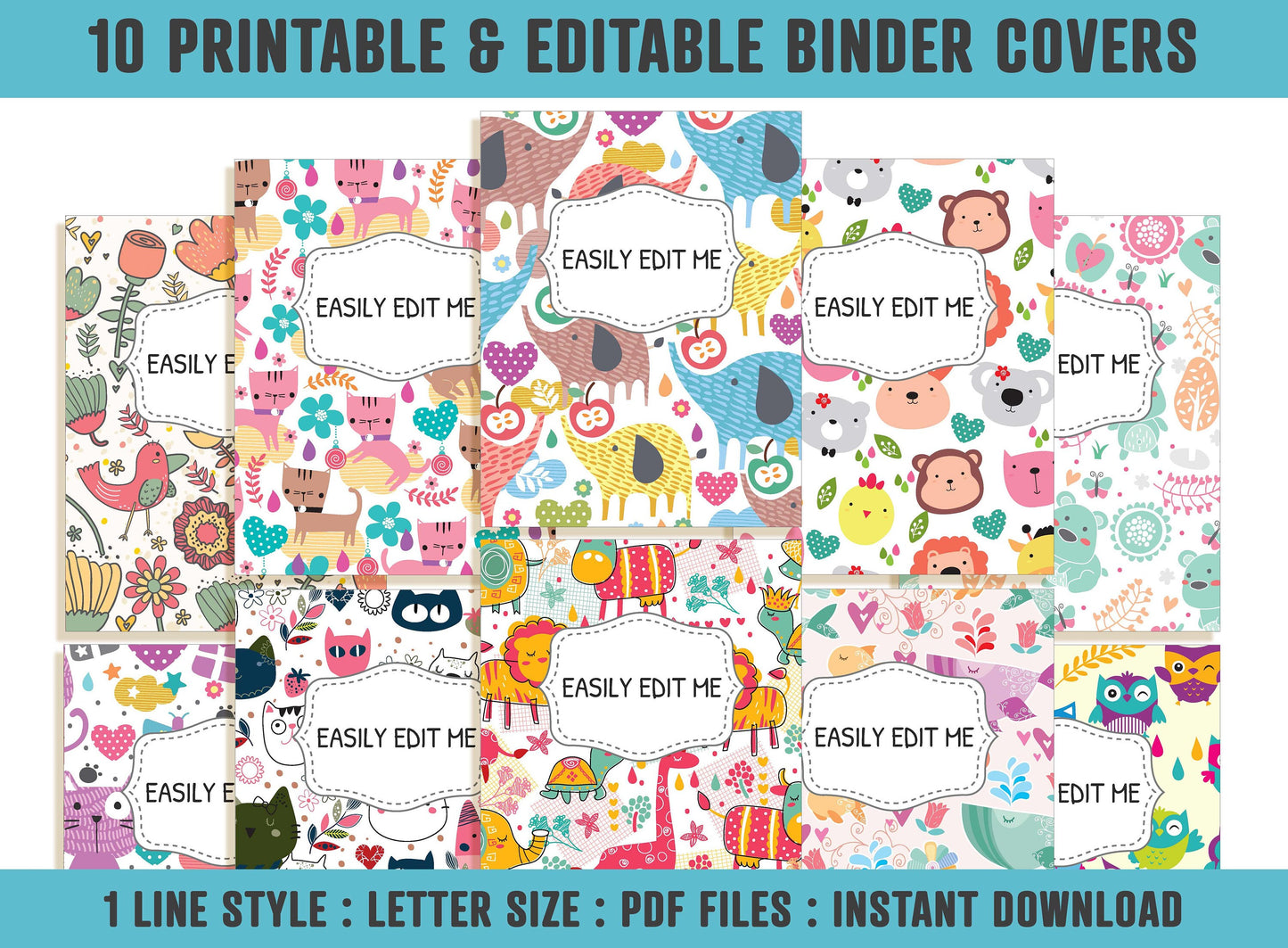 Animal Planner Covers, 10 Editable Binder Covers and Spines, Binder Cover Printable, Teacher/School Binder Template, Binder Insert, Owl, Cat