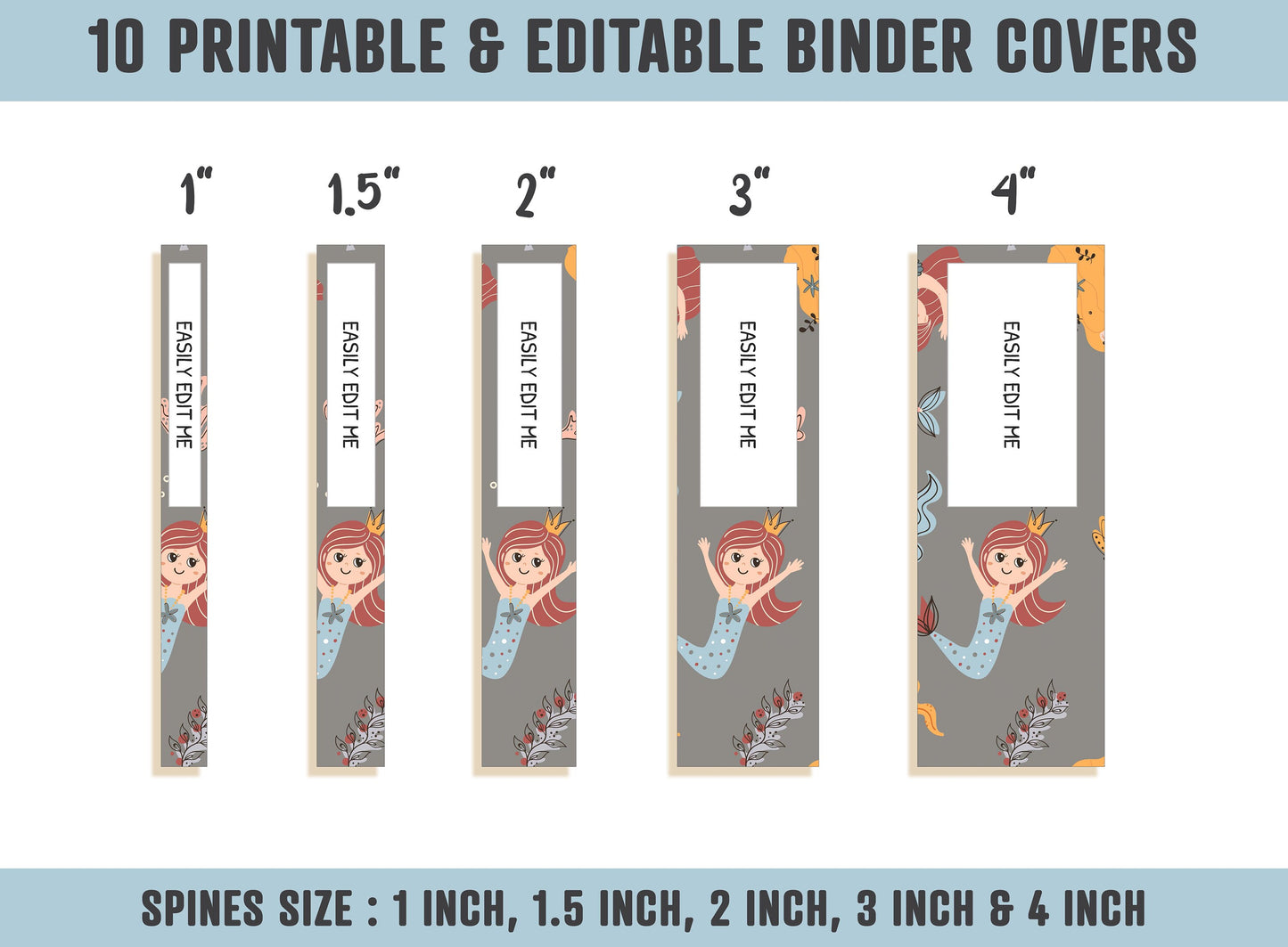 Mermaids & Sea Animals Binder Covers, 10 Printable/Editable Binder Covers and Spines, Teacher/School Binder, Planner Template Binder Insert