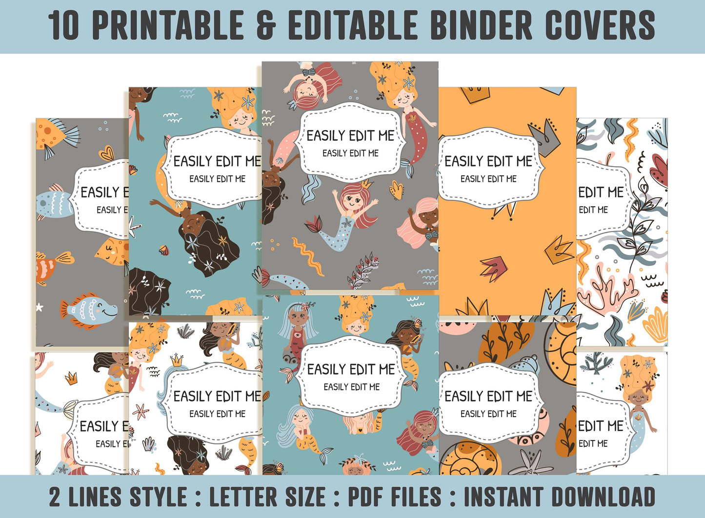 Mermaids & Sea Animals Binder Covers, 10 Printable/Editable Binder Covers and Spines, Teacher/School Binder, Planner Template Binder Insert