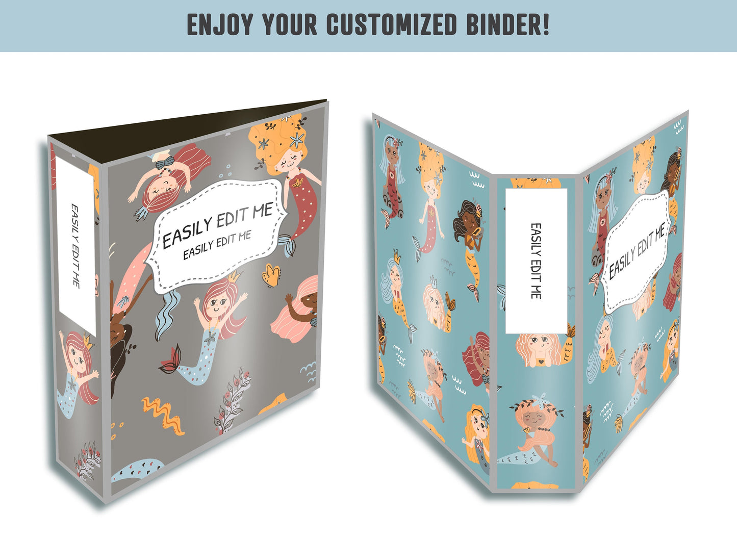 Mermaids & Sea Animals Binder Covers, 10 Printable/Editable Binder Covers and Spines, Teacher/School Binder, Planner Template Binder Insert