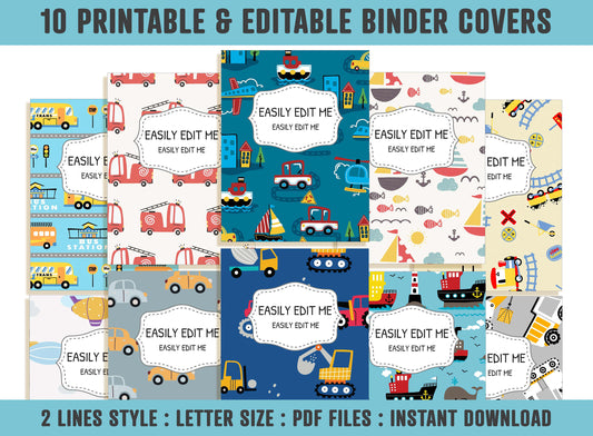 Vehicle Binder Covers, 10 Printable/Editable Binder Covers & Spines, Teacher/School Binder, Planner Template, Transportation Binder Inserts