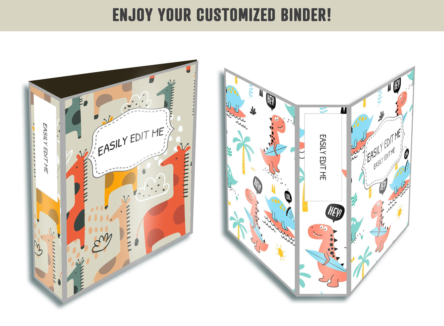 Animal Binder Covers, 10 Printable/Editable Binder Covers & Spines, Teacher/School Binder, Planner Template, Binder Inserts Dinosaur Giraffe