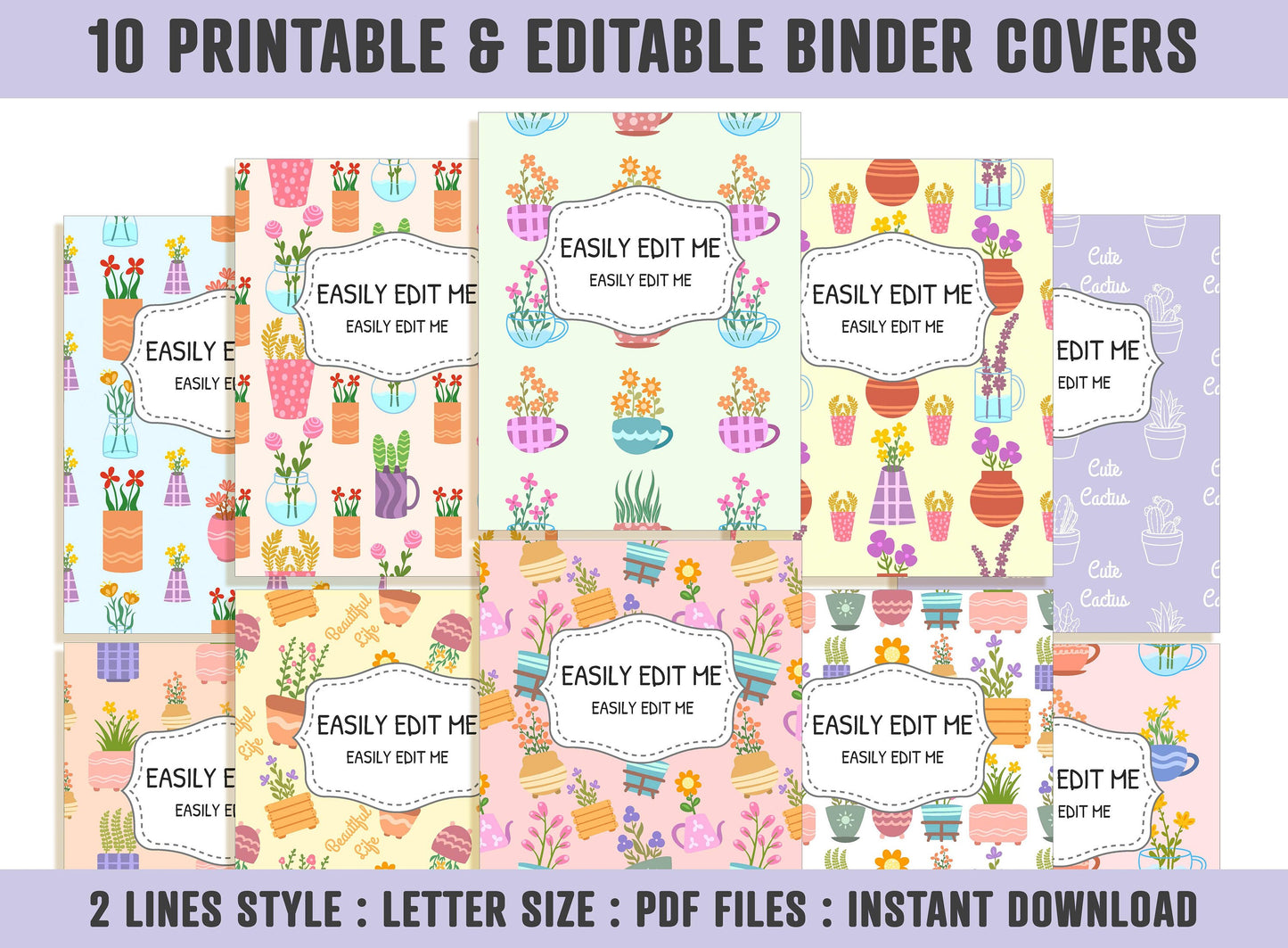 Flower Binder Cover, 10 Printable/Editable Covers+Spines, Binder Insert, Planner Cover, Teacher/School Binder Template, Floral, Cactus, PDF