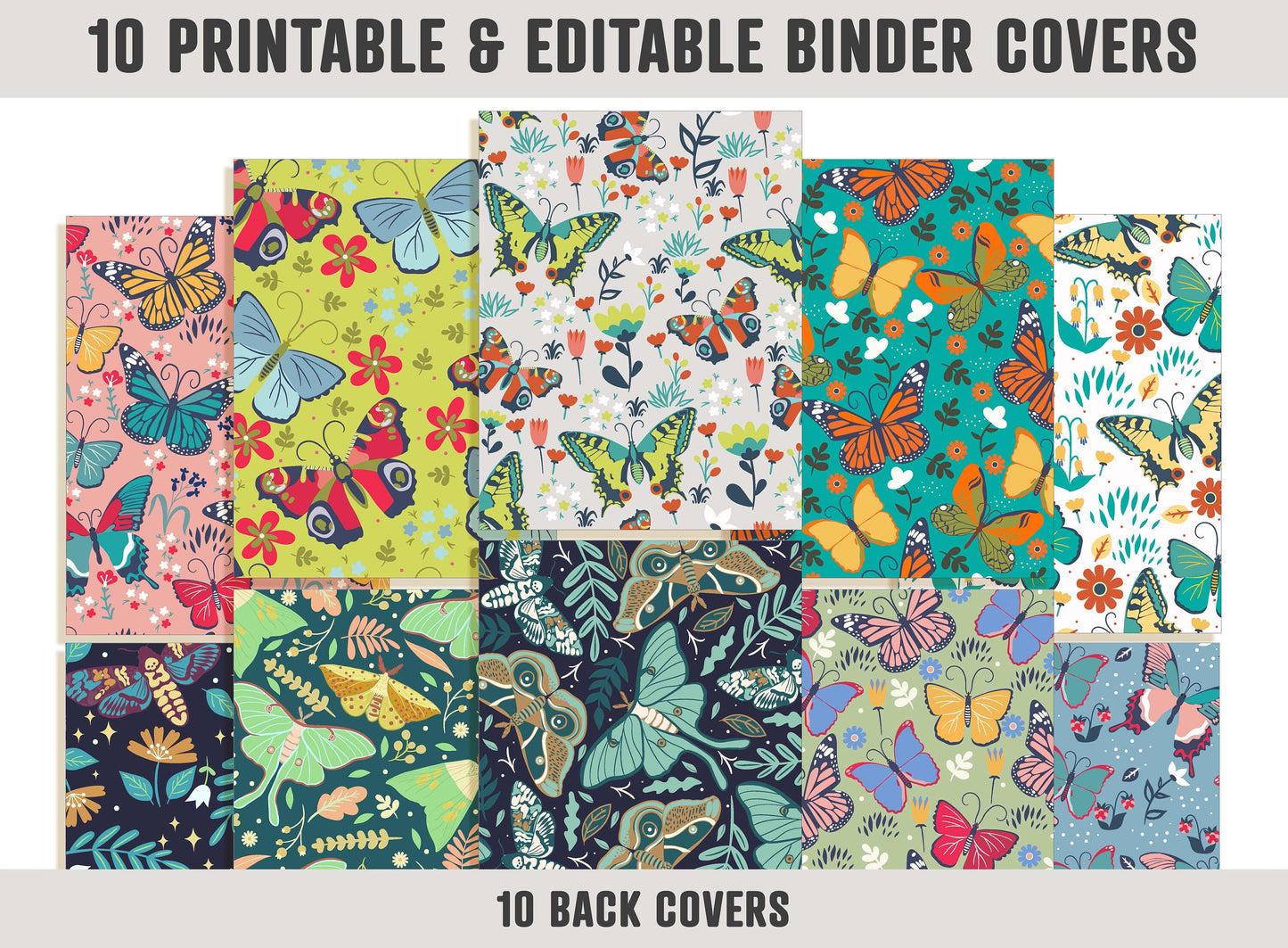 Butterfly Binder Cover, 10 Printable Editable Covers+Spines, Binder Insert, Planner Cover, Teacher/School Binder Cover, Floral/Flower/Leaf