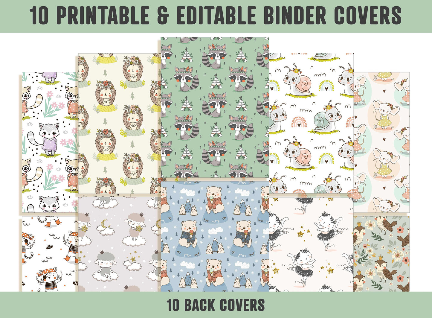 Animal Binder Cover, 10 Printable & Editable Covers+Spines, Binder Insert, Planner Cover, Teacher/School Binder Template, Bear Mouse Cat Owl
