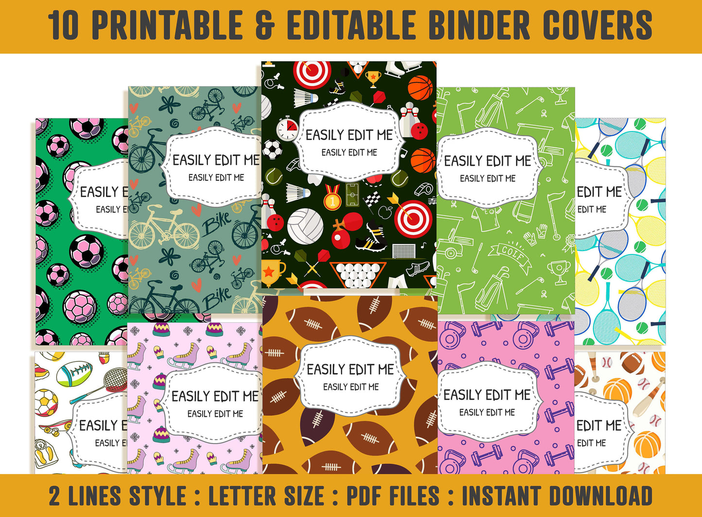 Sports Binder Cover, 10 Printable & Editable Covers+Spines, Binder Insert, Planner Cover Template for Teacher/School, Football Tennis Soccer