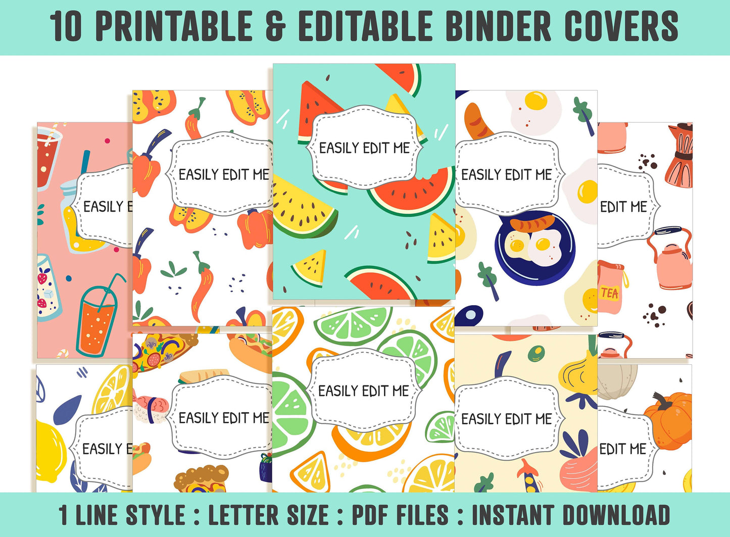 Food Binder Cover, 10 Printable/Editable Covers+Spines, Teacher/School Binder Template, Planner Cover Binder Insert Watermelon Lemon Orange