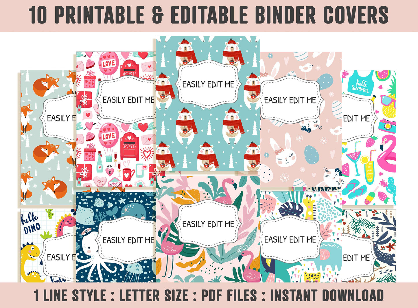 Binder Cover, 10 Printable & Editable Covers+Spines, Binder Insert, Planner Cover, Teacher/School Binder Cover Template, PDF, Folder Cover