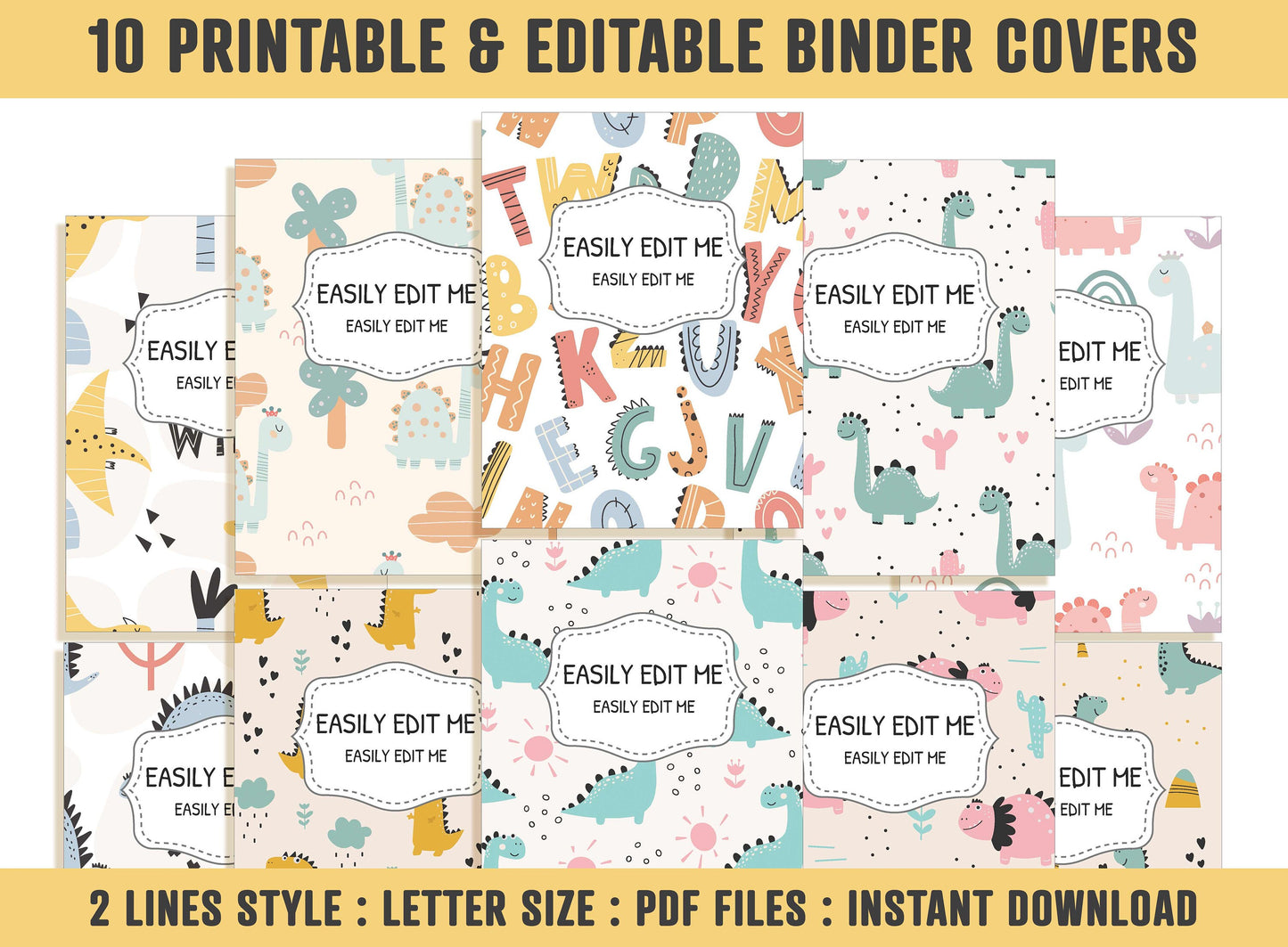 Dinosaur Binder Cover For Boys/Girls, 10 Printable & Editable Binder Covers+Spines, Teacher/School Binder, Planner Cover, Binder Insert, PDF