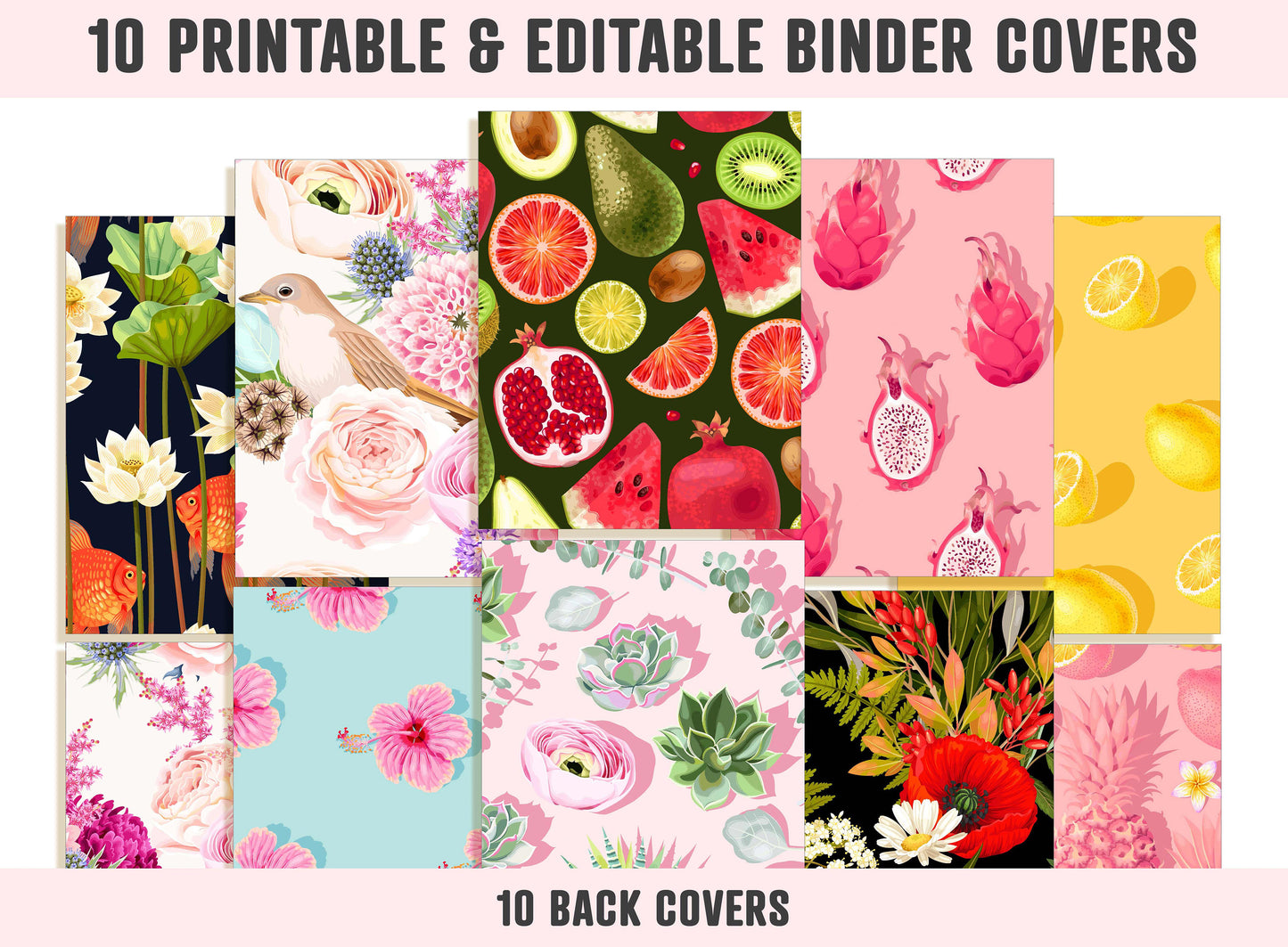 Fruit and Floral Binder Cover, 10 Printable & Editable Binder Covers+Spines, Teacher/School Binder, Planner Cover Template, Binder Inserts