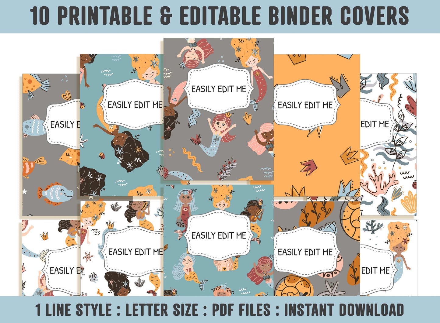 Mermaids & Sea Animals Binder Covers, 10 Printable/Editable Binder Covers and Spines, Teacher/School Binder, Planner Template Binder Insert