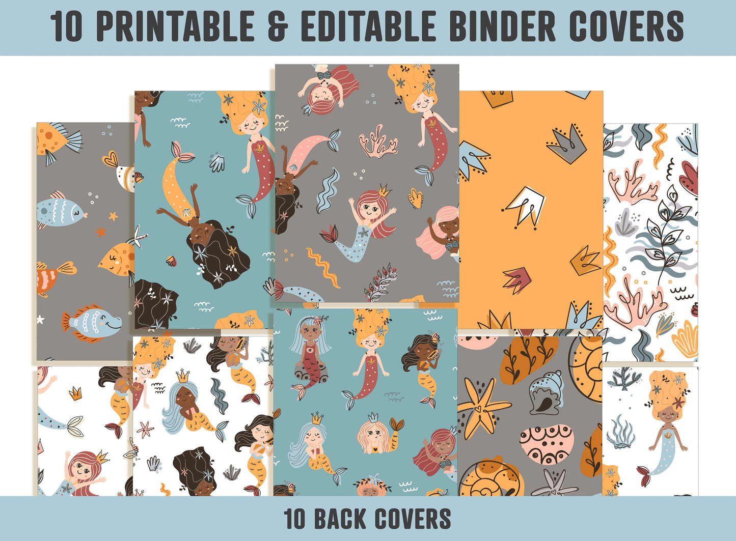 Mermaids & Sea Animals Binder Covers, 10 Printable/Editable Binder Covers and Spines, Teacher/School Binder, Planner Template Binder Insert