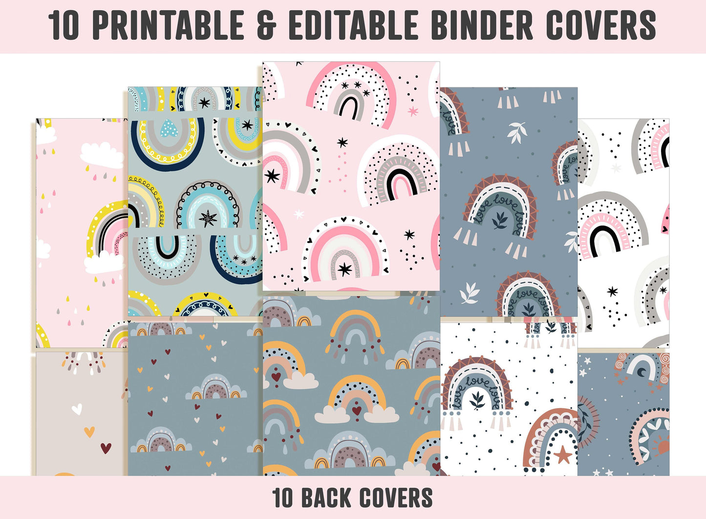 Rainbow Binder Covers, 10 Printable/Editable Binder Covers & Spines, Teacher/School Binder, Planner Template Binder Inserts, Rainbow Pattern