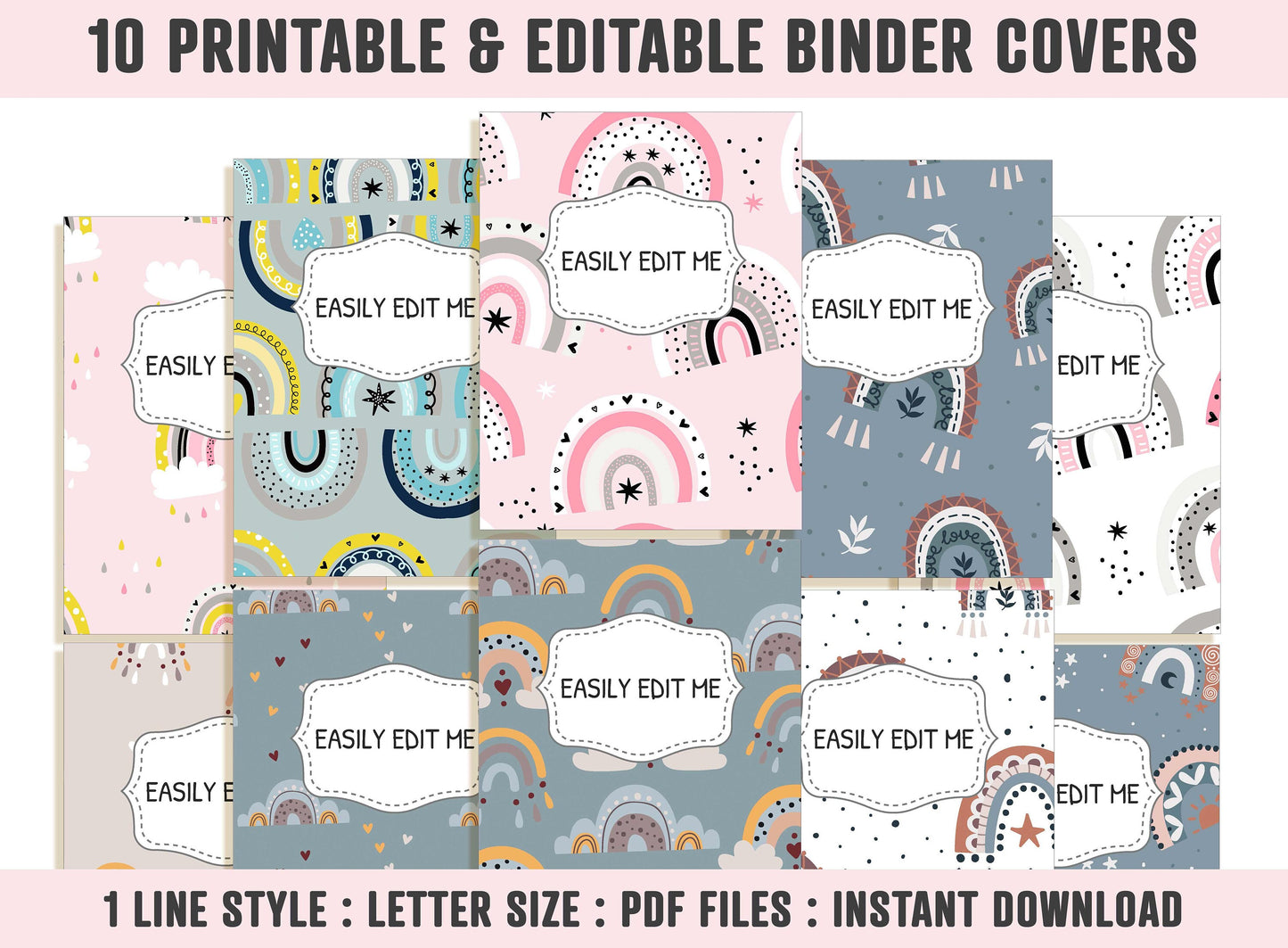 Rainbow Binder Covers, 10 Printable/Editable Binder Covers & Spines, Teacher/School Binder, Planner Template Binder Inserts, Rainbow Pattern