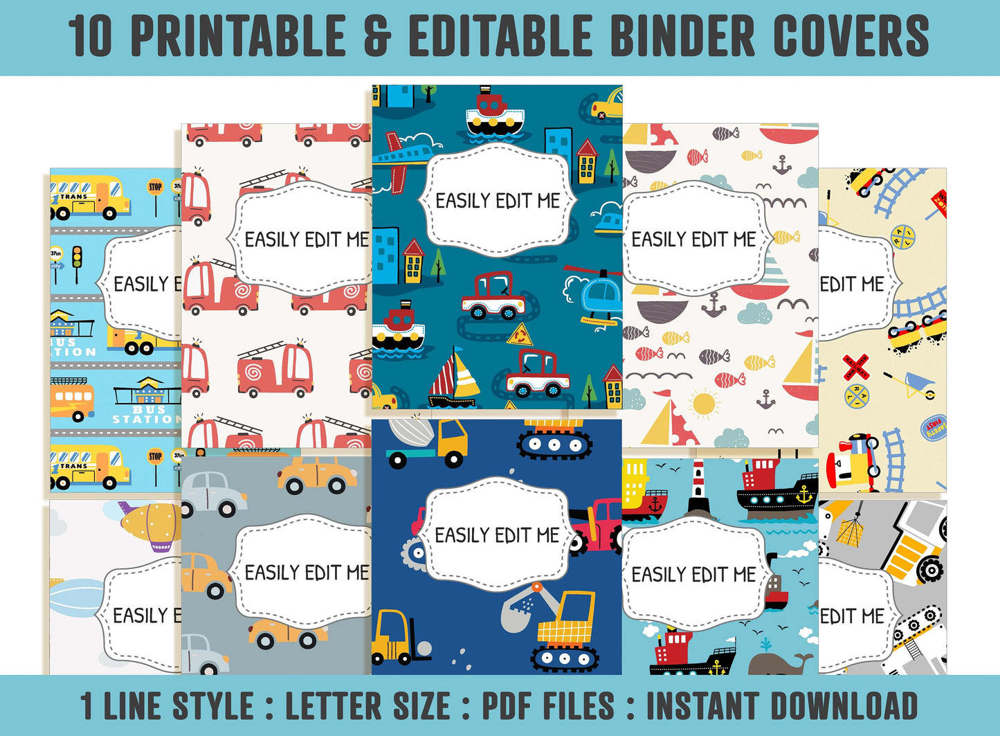 Vehicle Binder Covers, 10 Printable/Editable Binder Covers & Spines, Teacher/School Binder, Planner Template, Transportation Binder Inserts