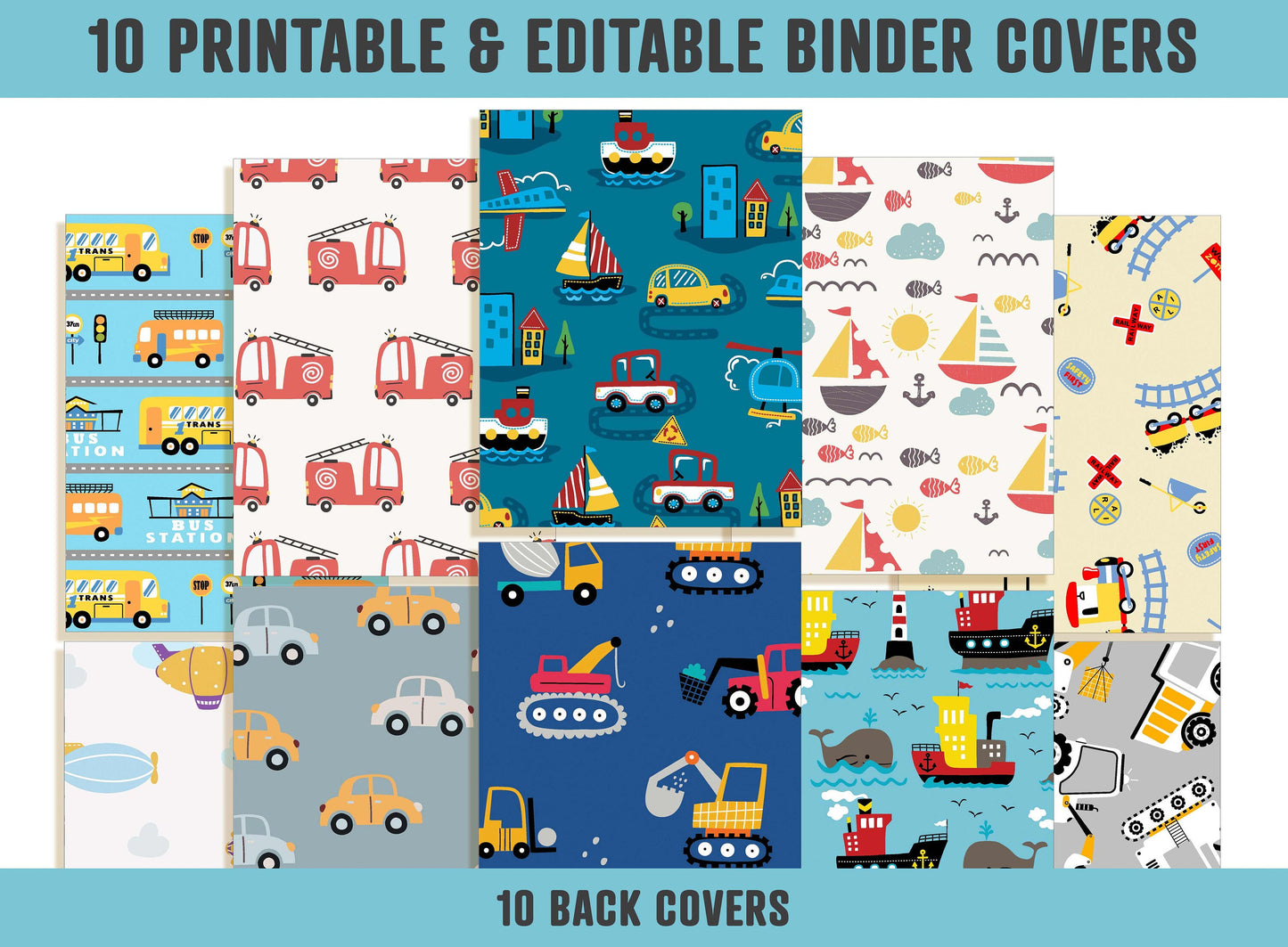Vehicle Binder Covers, 10 Printable/Editable Binder Covers & Spines, Teacher/School Binder, Planner Template, Transportation Binder Inserts