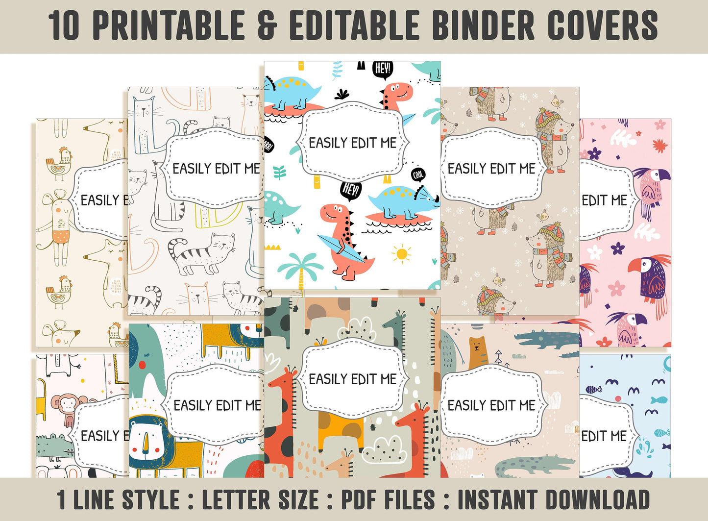 Animal Binder Covers, 10 Printable/Editable Binder Covers & Spines, Teacher/School Binder, Planner Template, Binder Inserts Dinosaur Giraffe