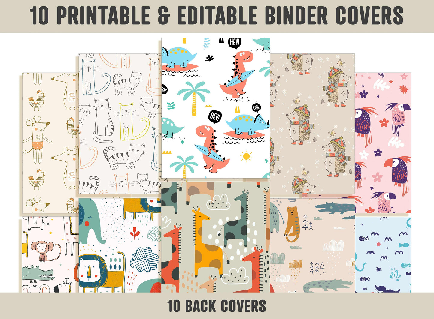 Animal Binder Covers, 10 Printable/Editable Binder Covers & Spines, Teacher/School Binder, Planner Template, Binder Inserts Dinosaur Giraffe