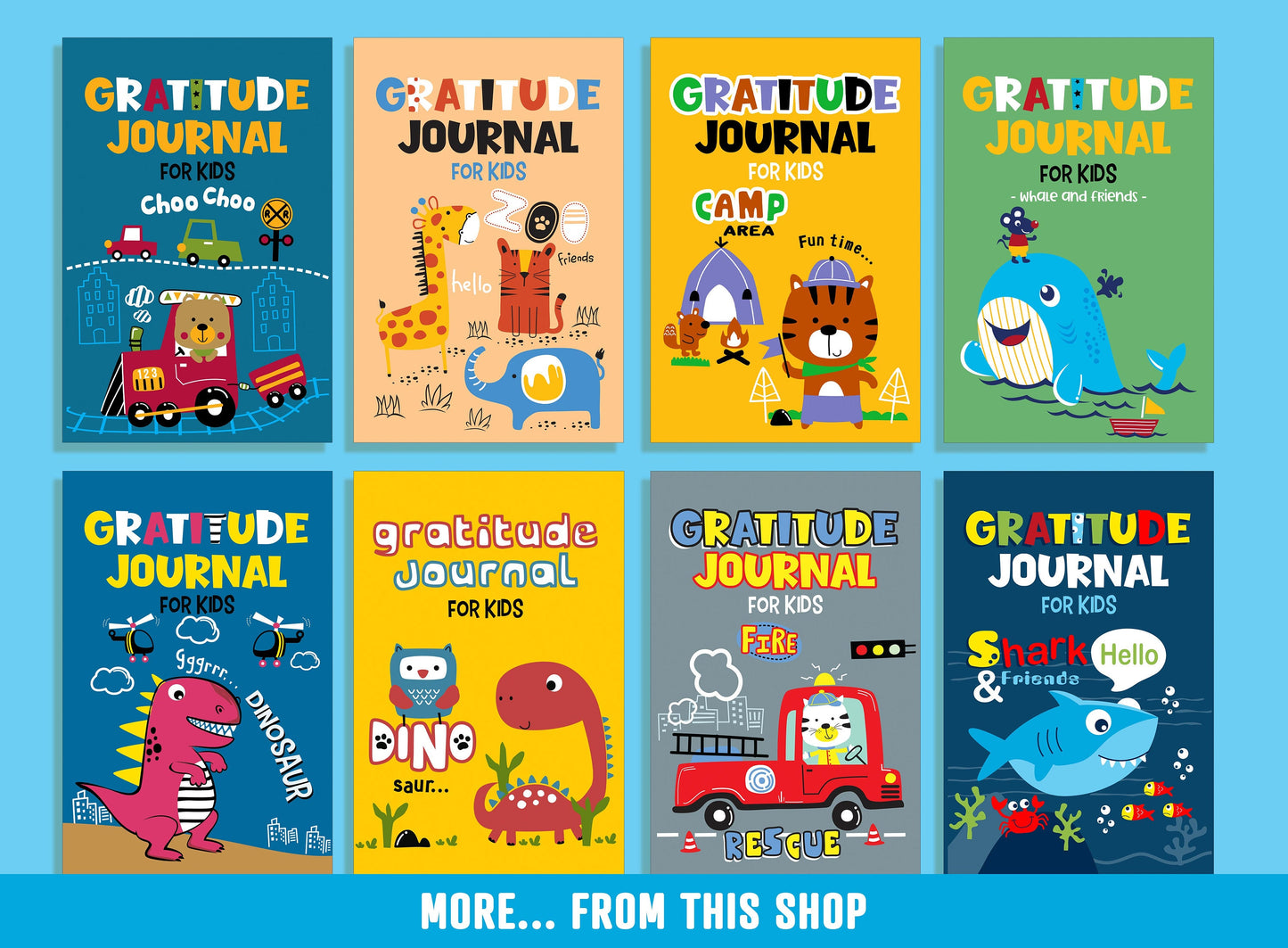Gratitude Journal for Kids - Dinosaur, Daily Journal Prompts, 10 Designs, Size: Letter 8.5"x11", A4, 6"x9", Printable PDF, Boys/Girls