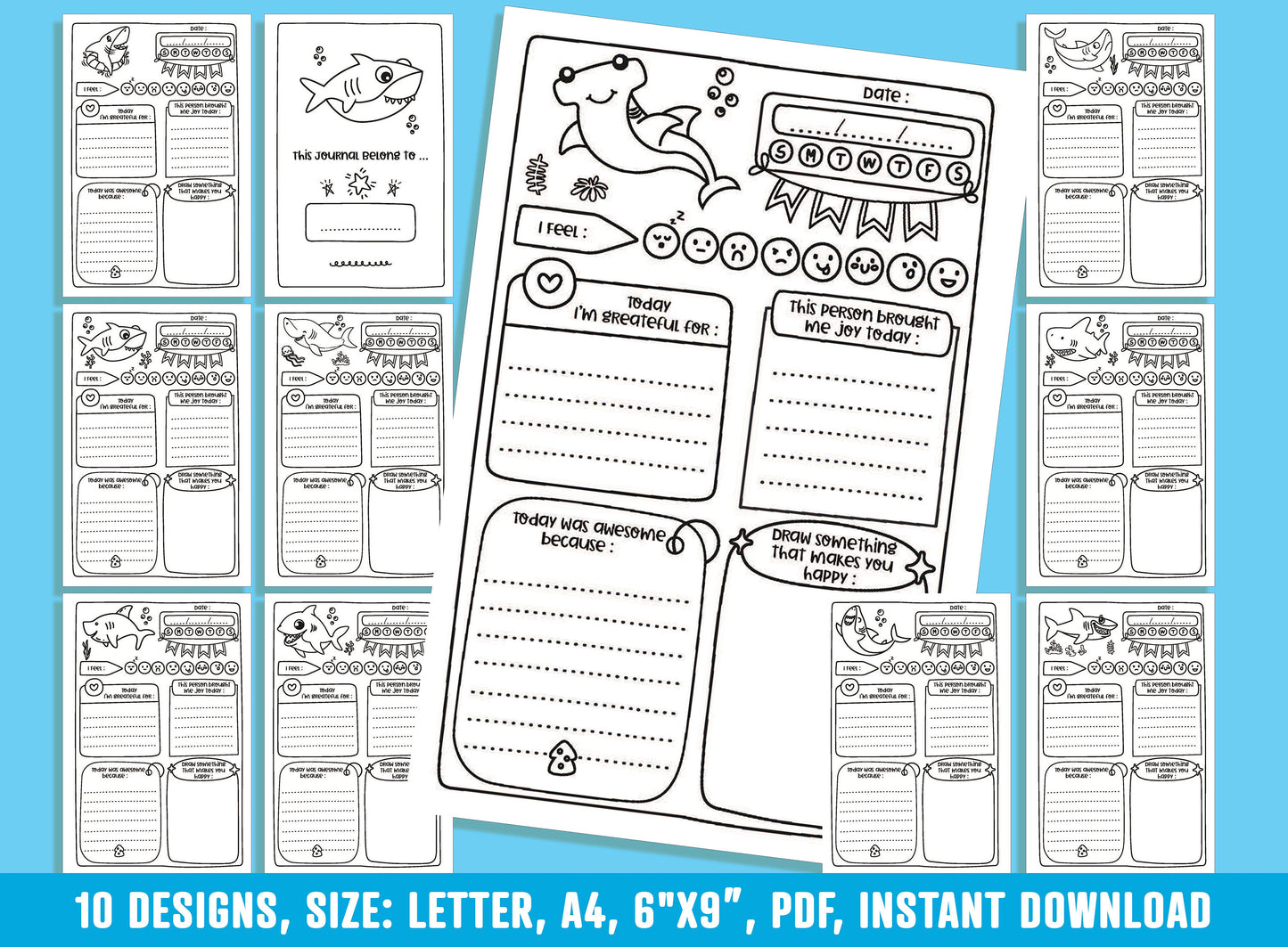 Gratitude Journal for Kids - Shark & Friends, Daily Journal Prompts, 10 Designs, Size: Letter 8.5"x11", A4, 6"x9", Printable PDF, Boys/Girls