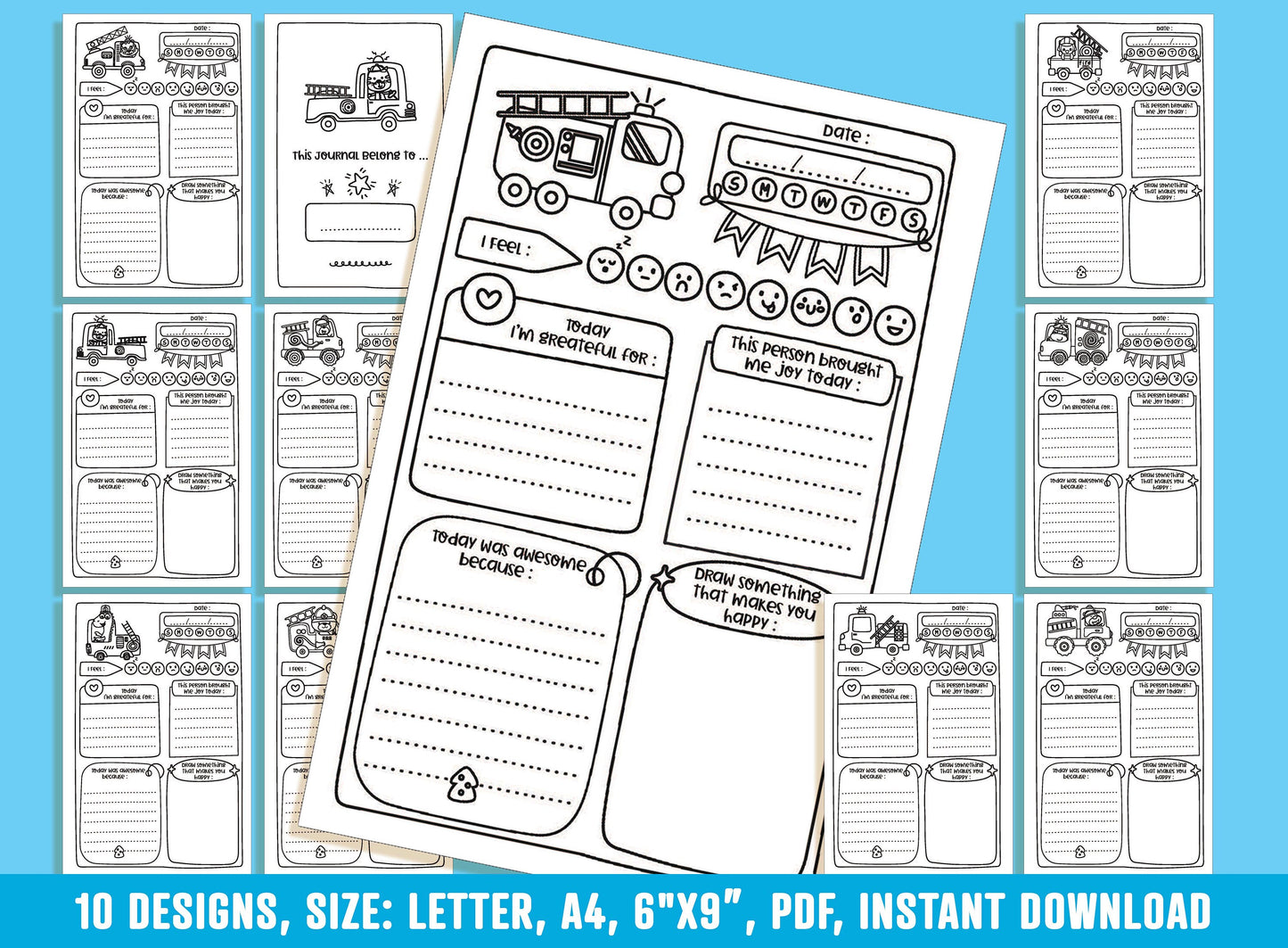 Gratitude Journal for Kids - Fire Rescue, Daily Journal Prompts, 10 Designs, Size: Letter 8.5"x11", A4, 6"x9", Printable PDF, Boys/Girls
