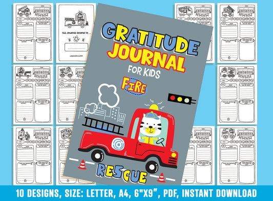 Gratitude Journal for Kids - Fire Rescue, Daily Journal Prompts, 10 Designs, Size: Letter 8.5"x11", A4, 6"x9", Printable PDF, Boys/Girls