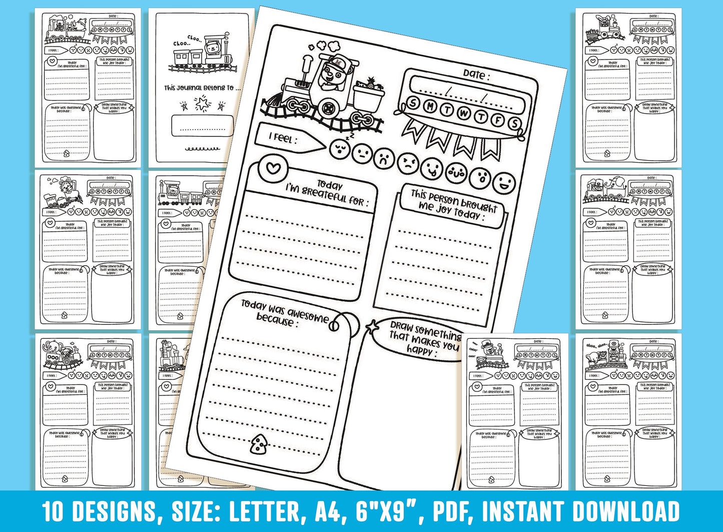 Gratitude Journal for Kids - Choo Choo, Daily Journal Prompts, 10 Designs, Size: Letter 8.5"x11", A4, 6"x9", Printable PDF, Boys/Girls