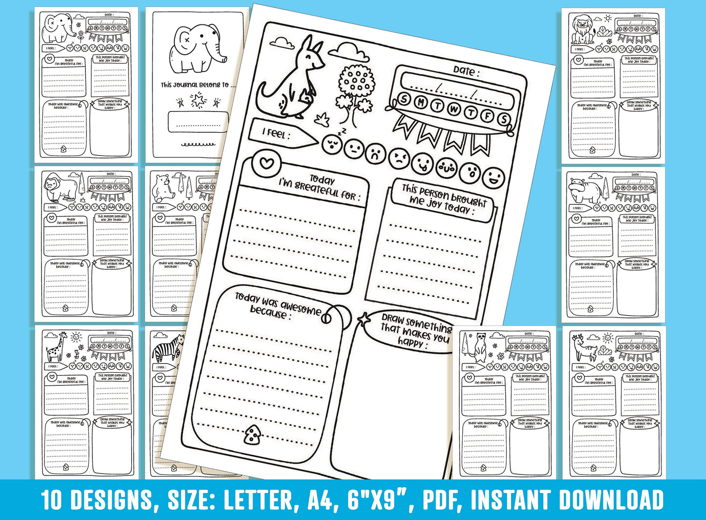 Gratitude Journal for Kids - Zoo, Daily Journal Prompts, 10 Designs, Size: Letter 8.5"x11", A4, 6"x9", Printable PDF, Boys/Girls