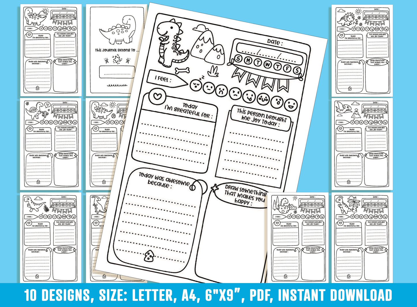 Gratitude Journal for Kids - Dinosaur, Daily Journal Prompts, 10 Designs, Size: Letter 8.5"x11", A4, 6"x9", Printable PDF, Boys/Girls