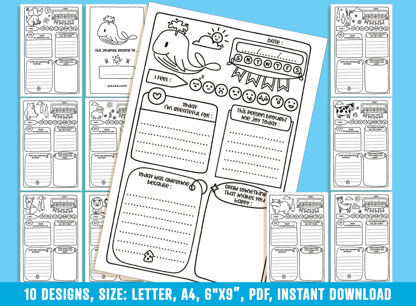 Gratitude Journal for Kids - Whale & Friends, Daily Journal Prompts, 10 Designs, Size: Letter 8.5"x11", A4, 6"x9", Printable PDF, Boys/Girls