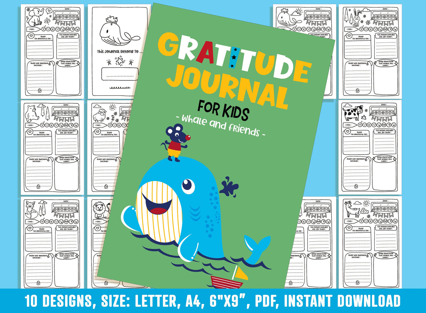 Gratitude Journal for Kids - Whale & Friends, Daily Journal Prompts, 10 Designs, Size: Letter 8.5"x11", A4, 6"x9", Printable PDF, Boys/Girls