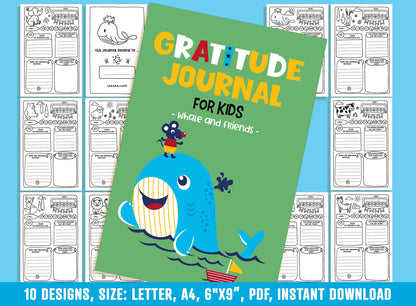 Gratitude Journal for Kids - Whale & Friends, Daily Journal Prompts, 10 Designs, Size: Letter 8.5"x11", A4, 6"x9", Printable PDF, Boys/Girls