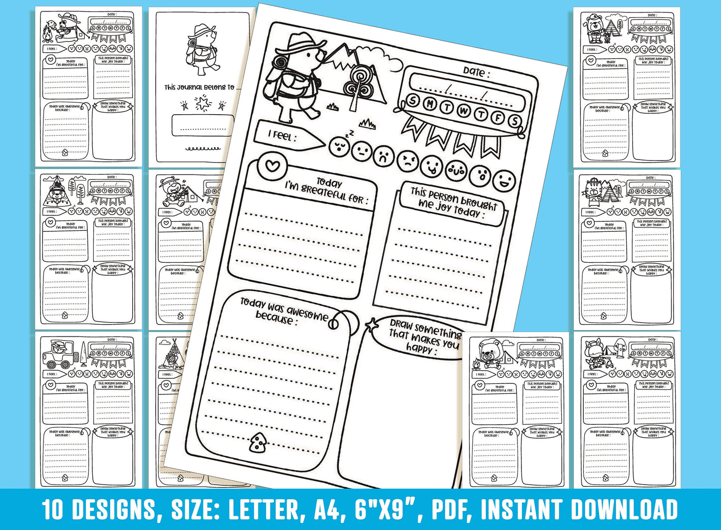 Gratitude Journal for Kids - Camp Area, Daily Journal Prompts, 10 Designs, Size: Letter 8.5"x11", A4, 6"x9", Printable PDF, Boys/Girls