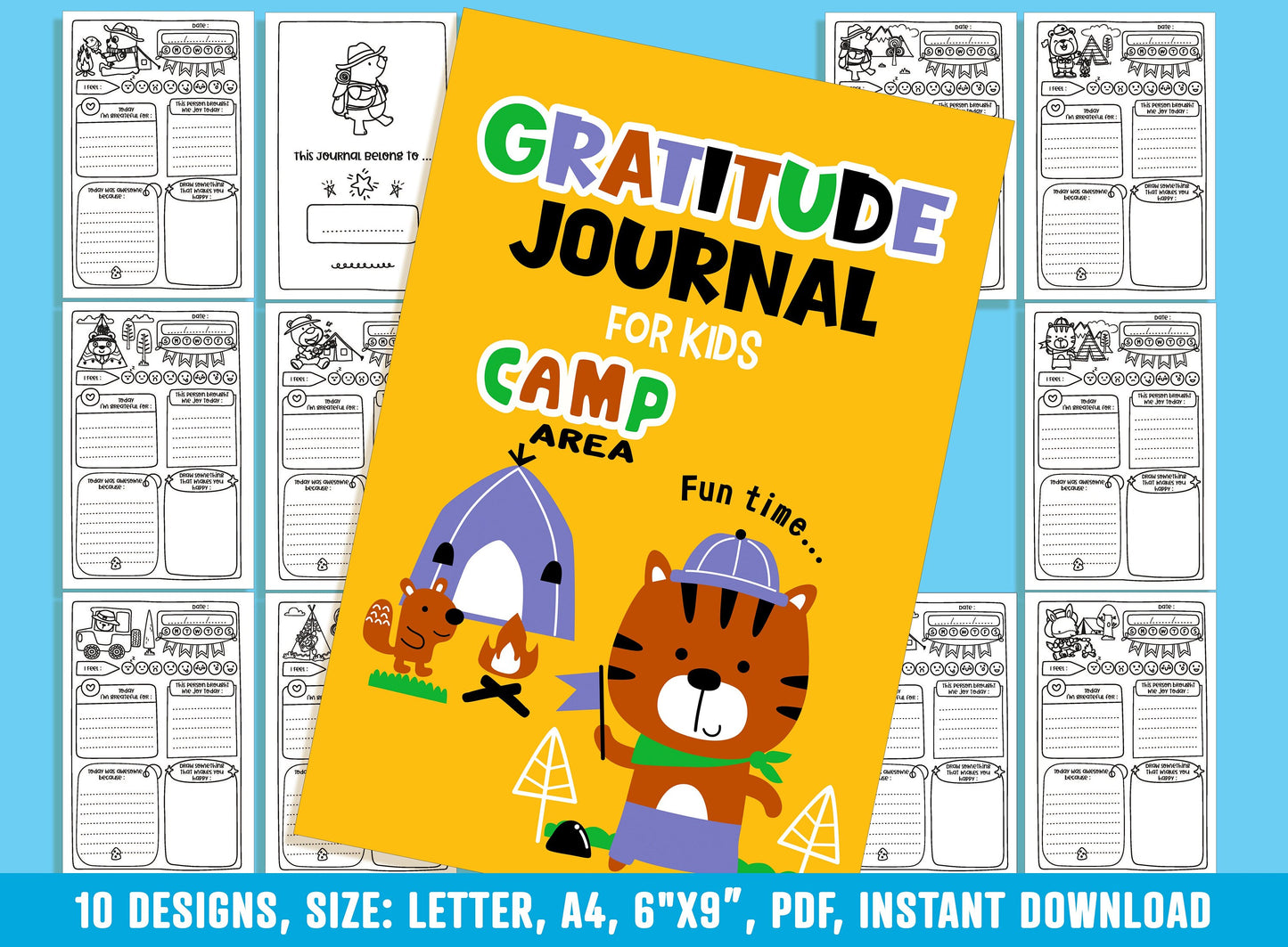 Gratitude Journal for Kids - Camp Area, Daily Journal Prompts, 10 Designs, Size: Letter 8.5"x11", A4, 6"x9", Printable PDF, Boys/Girls