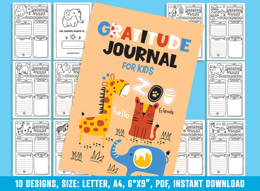 Gratitude Journal for Kids - Zoo, Daily Journal Prompts, 10 Designs, Size: Letter 8.5"x11", A4, 6"x9", Printable PDF, Boys/Girls