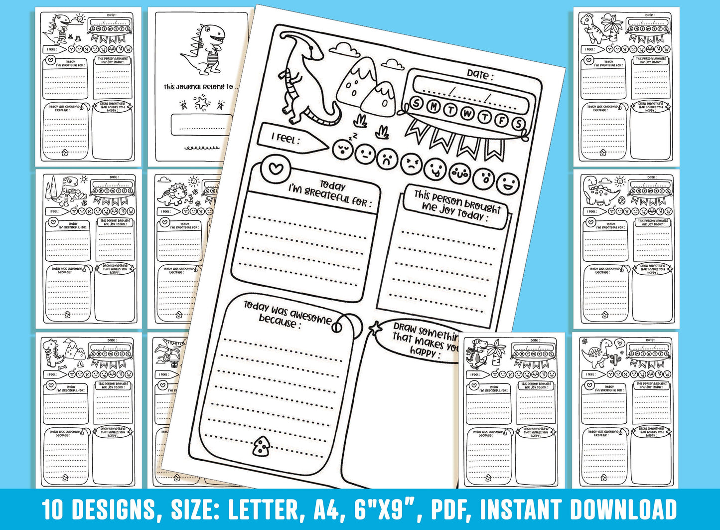Gratitude Journal for Kids - gggrrr Dinosaur, Daily Journal Prompts, 10 Designs, Size: Letter 8.5"x11", A4, 6"x9", Printable PDF, Boys/Girls