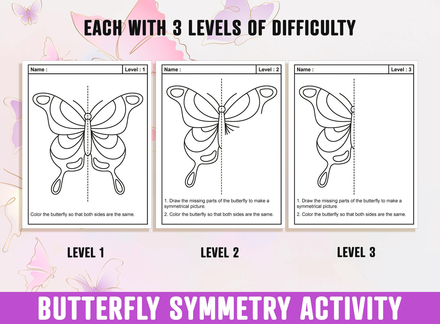 Butterfly Symmetry Worksheet, Butterfly Theme Lines of Symmetry Activity, 24 Pages, Includes 8 Butterflies, Each With 3 Levels of Difficulty