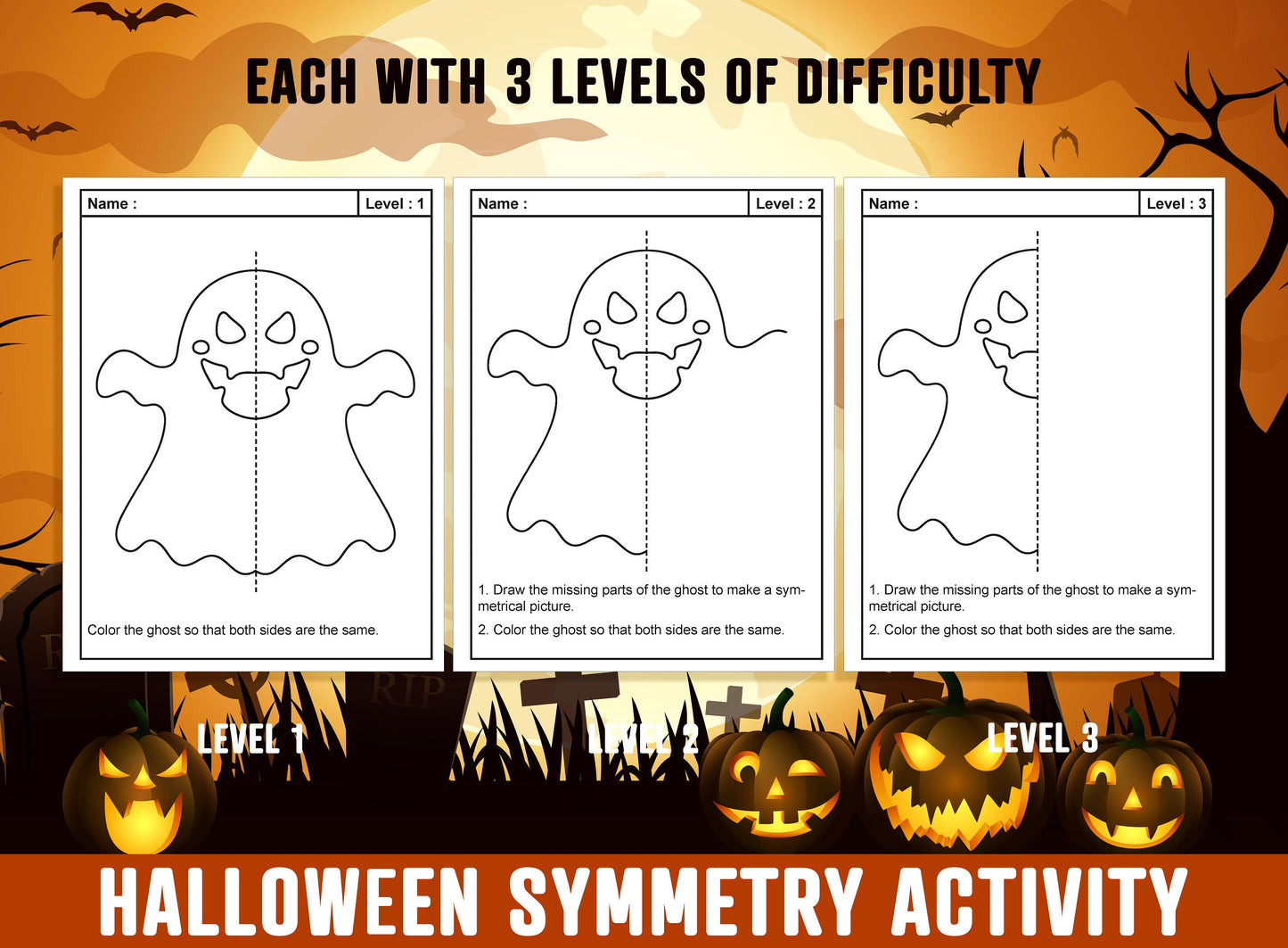 Halloween Symmetry Worksheet, Halloween Theme Lines of Symmetry Activity, 24 Pages, Includes 8 Designs, Each With 3 Levels of Difficulty