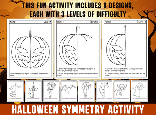 Halloween Symmetry Worksheet, Halloween Theme Lines of Symmetry Activity, 24 Pages, Includes 8 Designs, Each With 3 Levels of Difficulty