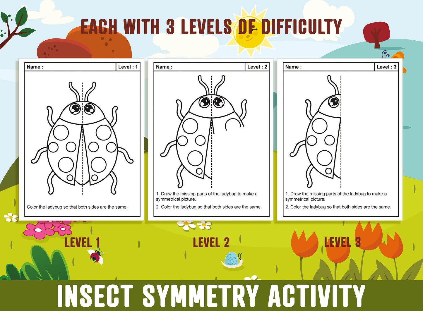 Insect Symmetry Worksheet, Insect Theme Lines of Symmetry Activity, 24 Pages, Includes 8 Designs, Each With 3 Levels of Difficulty