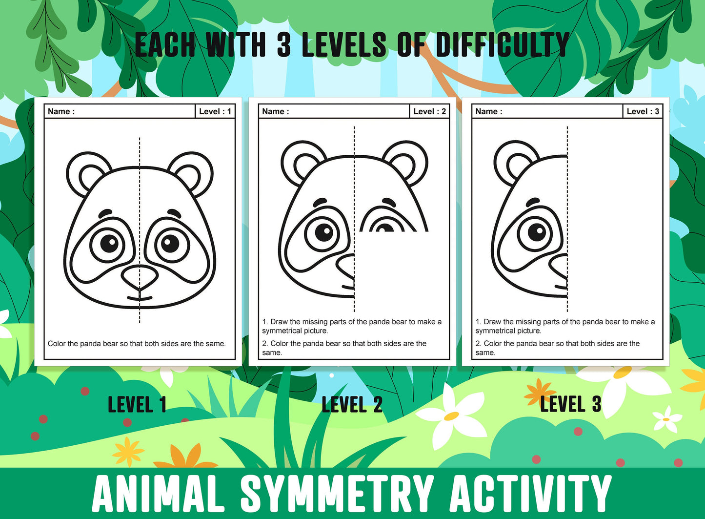 Animal Symmetry Worksheet, Animal Theme Lines of Symmetry Activity, 24 Pages, Includes 8 Animals, Each With 3 Levels of Difficulty
